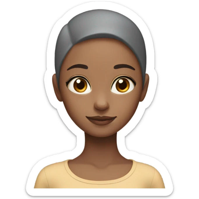 A girl with no hair and brown skin with a grey cat sticker