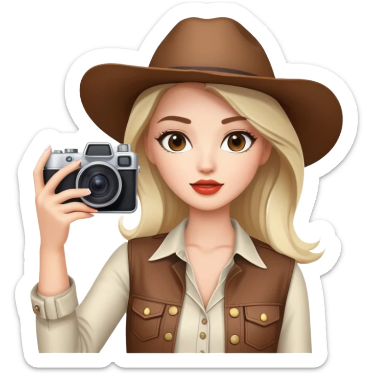 Western female fashion model posing with camera taking selfie, stylish outfit sticker