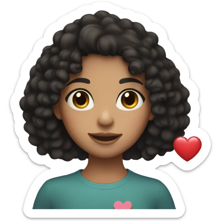 A girl with black curly hair, freckles, tan skin, holding a heart  sticker