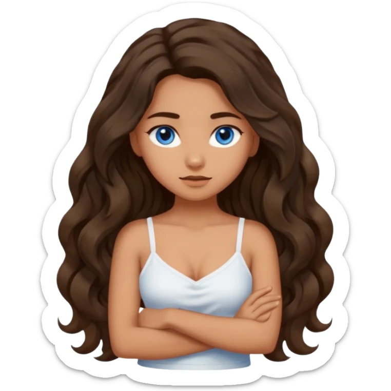 Girl with olive skin, blue eyes, brown dark insanely wavy long hair, white camisole, crossing arms in an x shape sticker