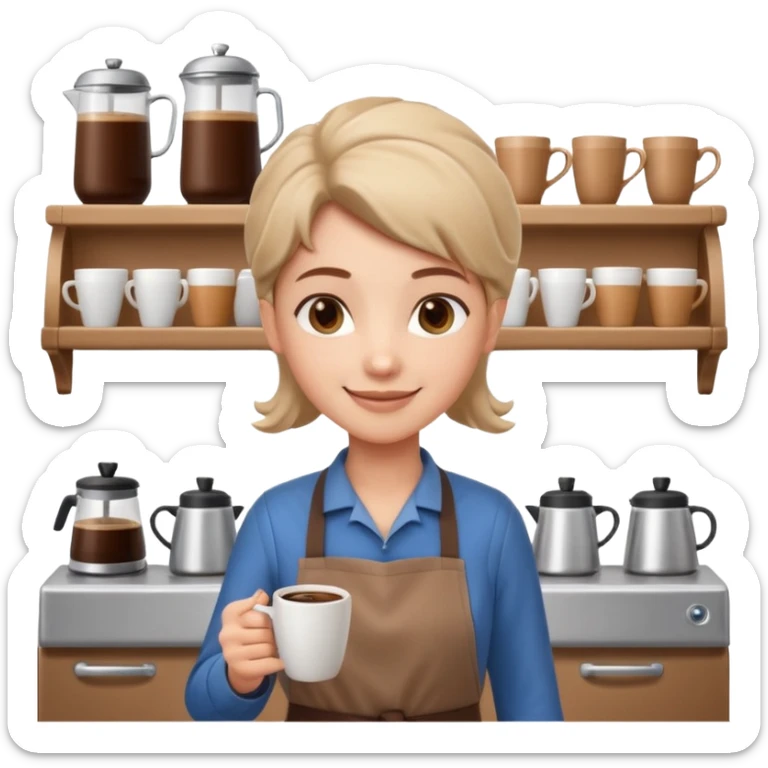 cute barista portrait, head and shoulders only, wearing apron, coffee shop uniform, friendly smile, holding a small coffee cup, 3D cartoon, mobile game icon style, clean background, no text, no watermark
 sticker