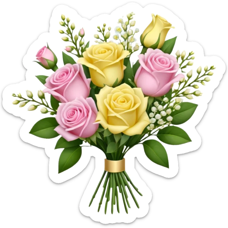 A mixed bouquet of four flowers, featuring pink roses and yellow lisianthus. sticker