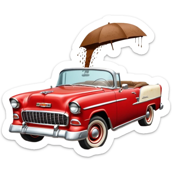 1955 Chevrolet Bel Air Convertible, Red-White color, with a bucket of brown mud pouring down on it, and the car itself is covered in brown mud on all sides, the doors, bumper, hood and wheels are covered in brown mud. 32x32 pixels, aspect ratio: 1:1 sticker