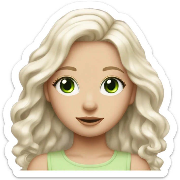 pale blonde girl with long platinum white wavy hair with bright green eyes and a cute light pink hair ribbon sticker