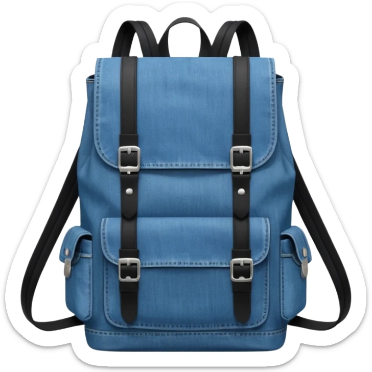 Minimalist emoji-style icon of a stylish blue denim backpack with a flap top, two vertical black buckle straps,and two zipper side pockets. Inspired by Tommy Jeans design. 

 sticker