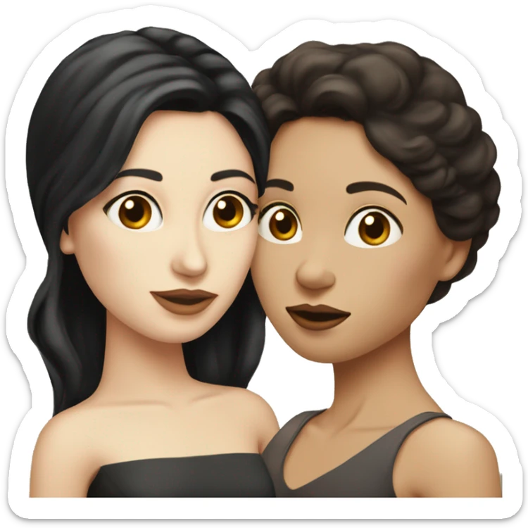 Woman with long straight black hair kissing woman with short curled dark brown hair. Both with pale complexion sticker