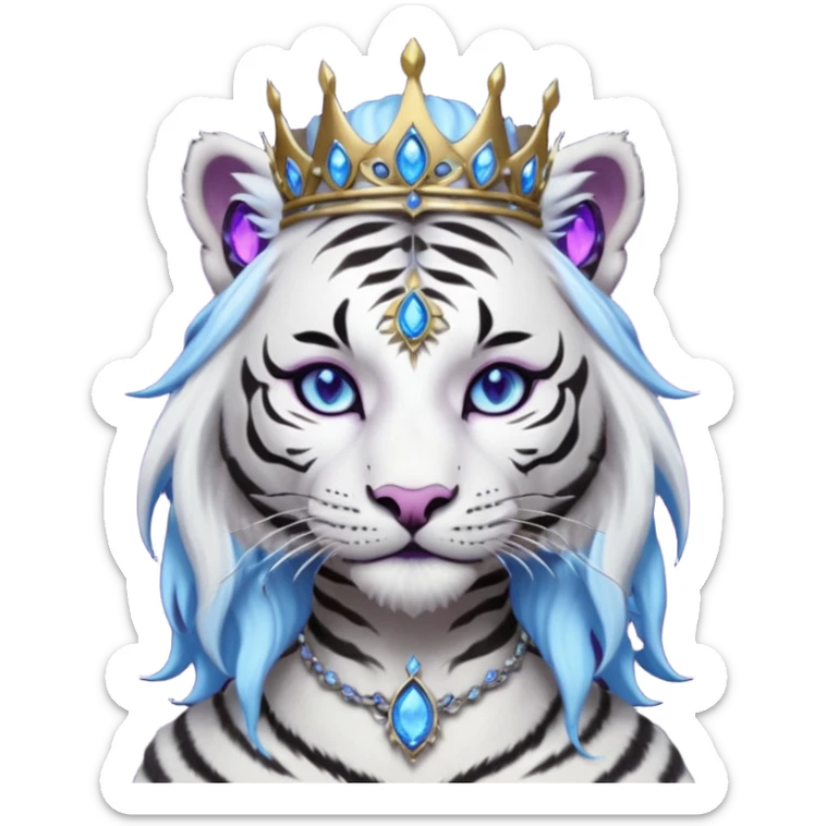 ESO Female white/black tiger khajiit leader of the umbral rose, glowing blue eyes, glowing blue 'third eye' gem, black dreadlocks; silver crown/tiara with purple gems sticker