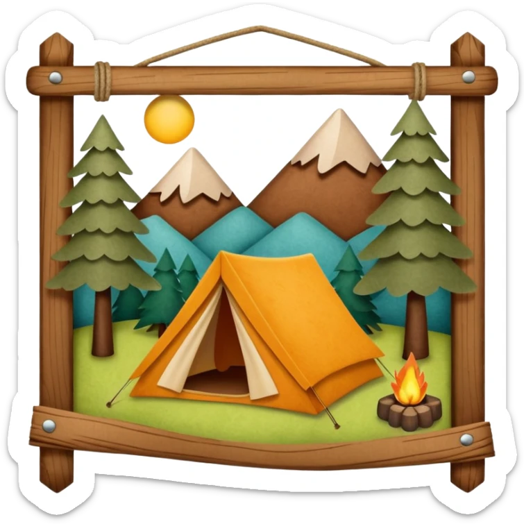 Wooden Camping sign made of felt texture, scrapbooking style, transparent background sticker