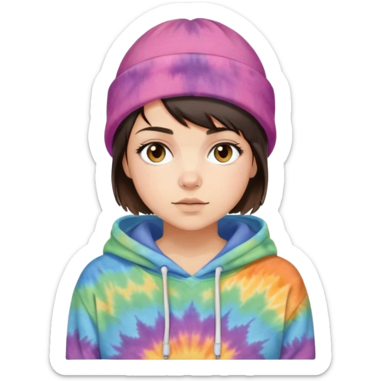 very short haired brunette girl with an Ohio beanie on and a tiedye hoodie sticker