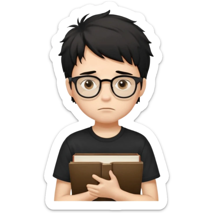 generate a pretty bratz fair skinned boy with black messy hair wearing a black tshirt looking bored n tired. Glasses on. holding books sticker