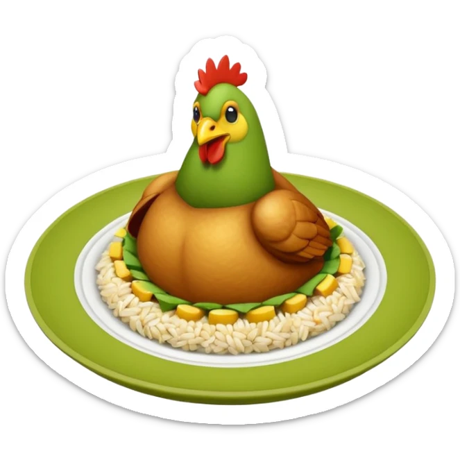 moji 3D de plato redondo con pollo en tiras, arroz blanco, rodajas de aguacate y maíz amarillo, vista desde arriba, fondo blanco, estilo simple. sticker