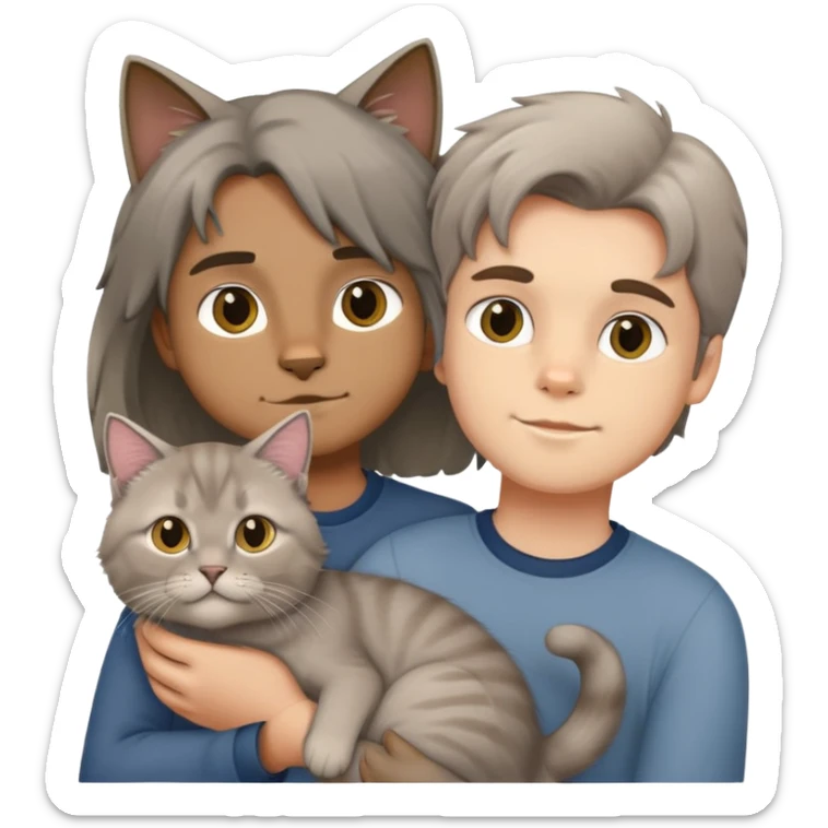 boy holding a grey longhair cat and a British longhair golden cat sticker