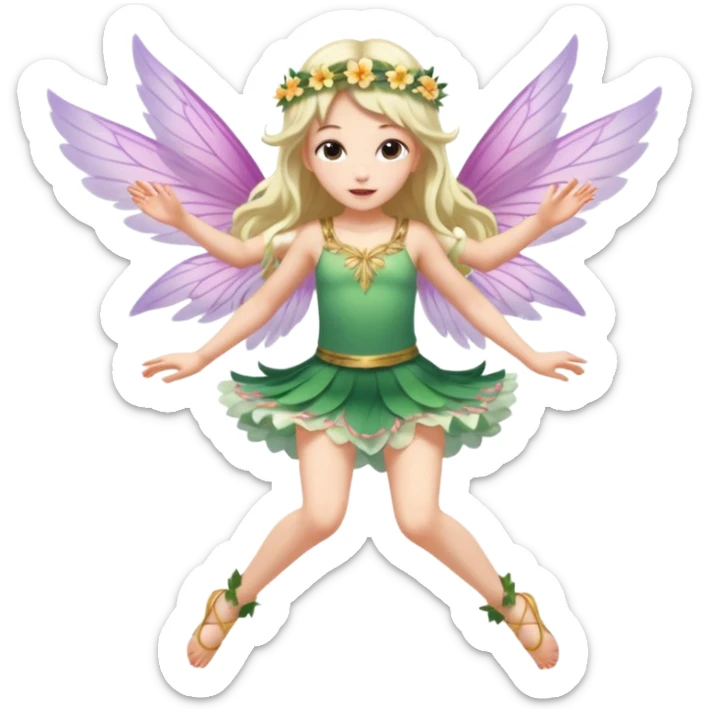 A winged flower fairy white skin girl, wearing a short skirt, one leg straight and the other bent, her body tilted, in a flying pose. sticker