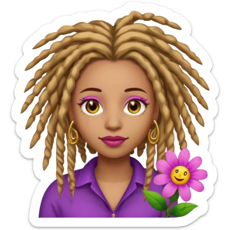 Gold dread locs pink emoji face purple flower in the hair red lipstick light brown face  just the face pink tips on end of locs  sticker