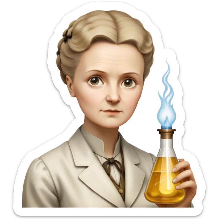 Cinematic Realistic Marie Curie Portrait Emoji, depicted as a pioneering scientist with a determined gaze in period attire, rendered with detailed textures and soft intellectual lighting that captures her groundbreaking legacy. sticker