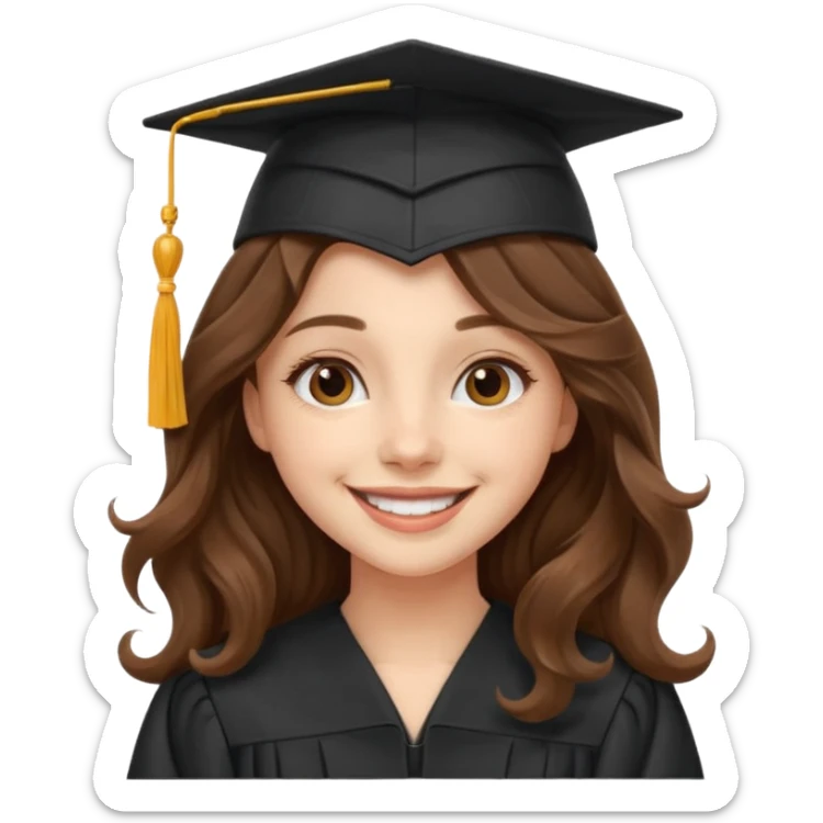Graduated Students, Cheerful girl, long brown wavy hair, wearing graduation cap sticker