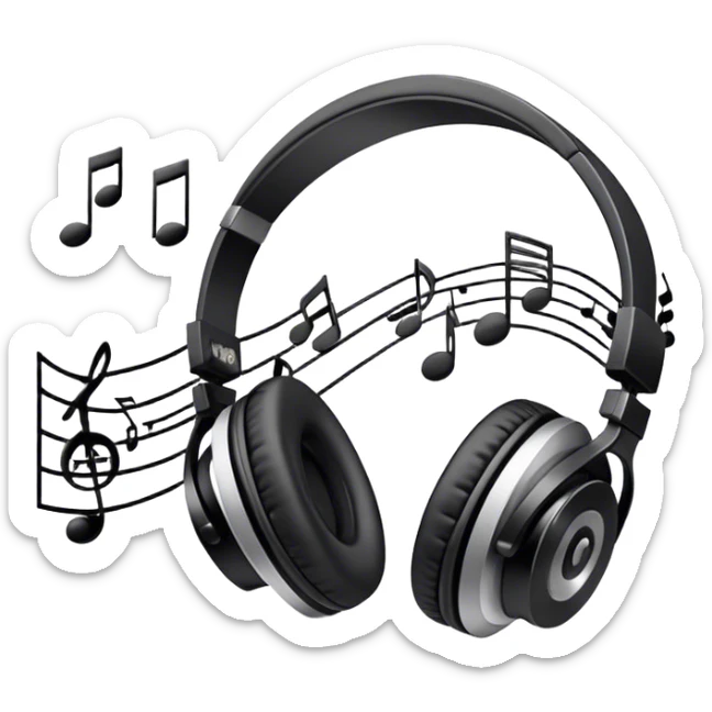 Icon for R&B Music Listening: a pair of high-quality headphones with a music player or speaker beside it, surrounded by musical notes and a subtle background of R&B-related elements like smooth grooves or a microphone. Transparent background. sticker