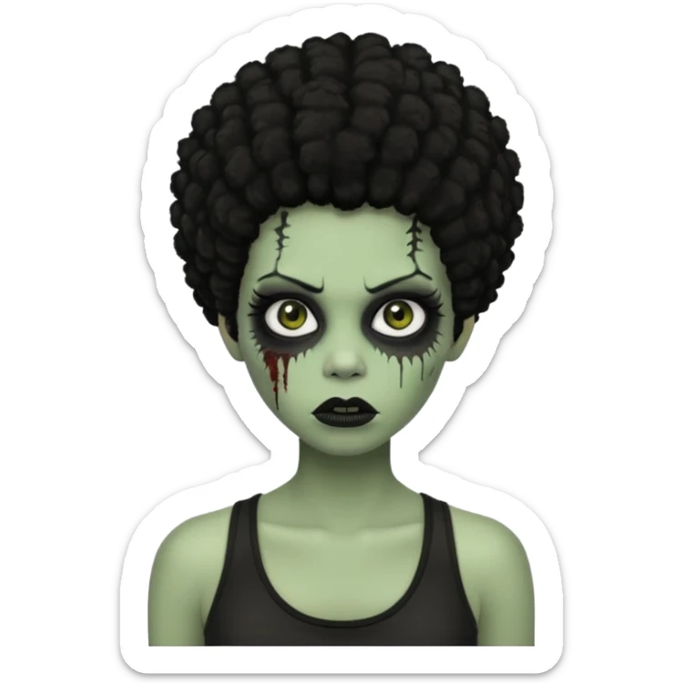 a female zombie with sage green skin, black afro hair, eyelashes and a black tank top sticker