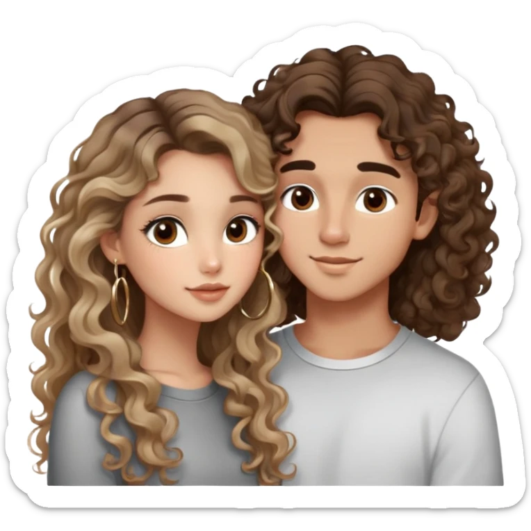 cute girl (long brunette balayage curly/wavy not voluminous hair, brown eyes, hoop earrings, natural pretty clean makeup): kissing on the cheek a cute boy (blondish SUPER STRAIGHT hair and brown eyes and a cute face) sticker