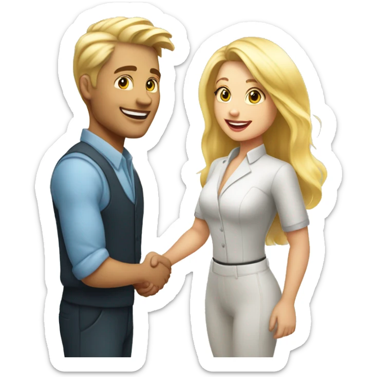 adult restaurant owner with white skin and blogger with white skin and blonde hair shaking hands in full height sticker