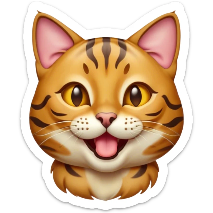 Cinematic Cute Bengal Cat Portrait Emoji, Head tilted playfully and yawning, sleek spotted brown and gold tones, Simplified yet adorable features, highly detailed, glowing with a warm, friendly glow, high shine, curious and affectionate, stylized with a touch of whimsy, bright and alert, soft glowing outline, capturing the essence of a mischievous yet loving kitten, so endearing it feels like it could leap out of the screen and stretch! sticker