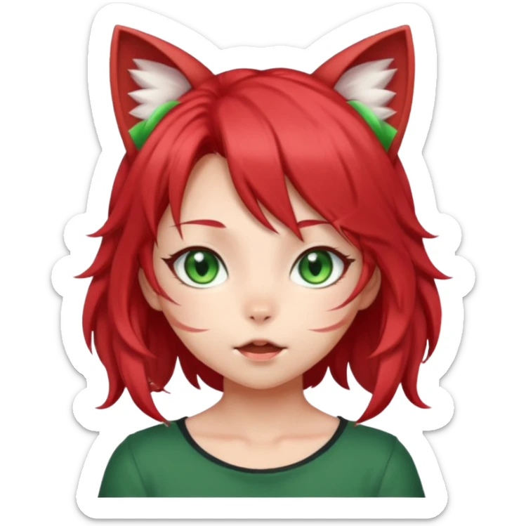 very cute anime cat-girl with cat ears, red blowing hair sticker