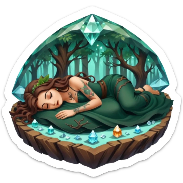 cute forest witch woman long wavy brown hair tattoos napping on crystal sticker