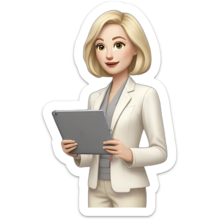 pale skin woman with ash blonde Straightened bob Hair, White Spacious classical jacket, beige palazzo Arrow pants and gray blouse holding a IPad Pro 12.9” in the hands sticker