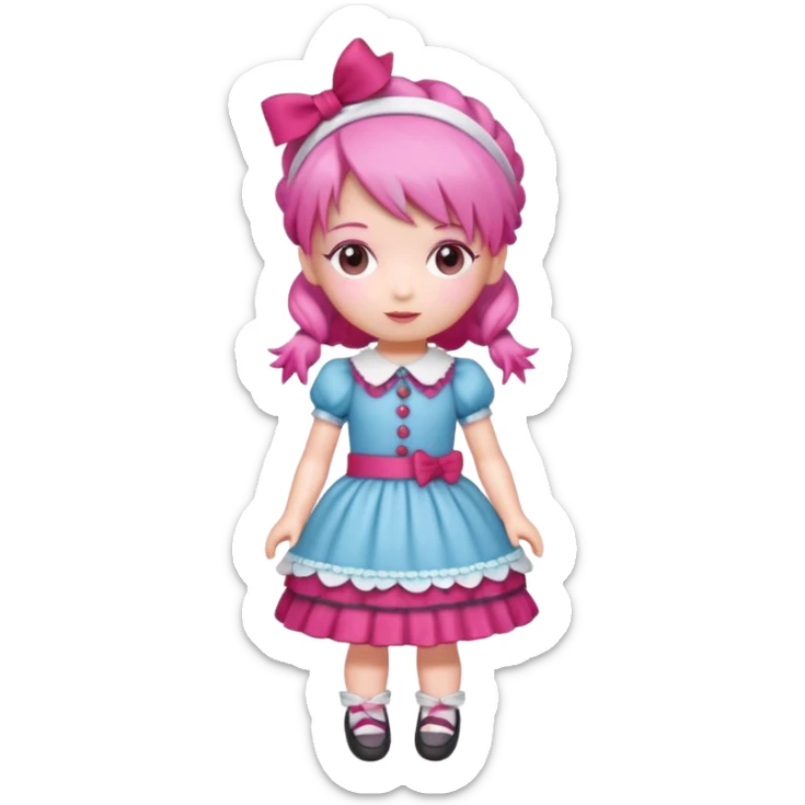 Isolated detaile illustration of the most modern raspberry torte doll figurine full body with pink hair and a hairband sticker