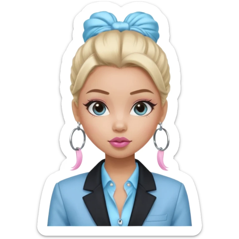 generate a pretty bratz girl wearing a light blue full sleeve shirt, silver small hoops, pink lipgloss, black blazer, hair tied up sticker