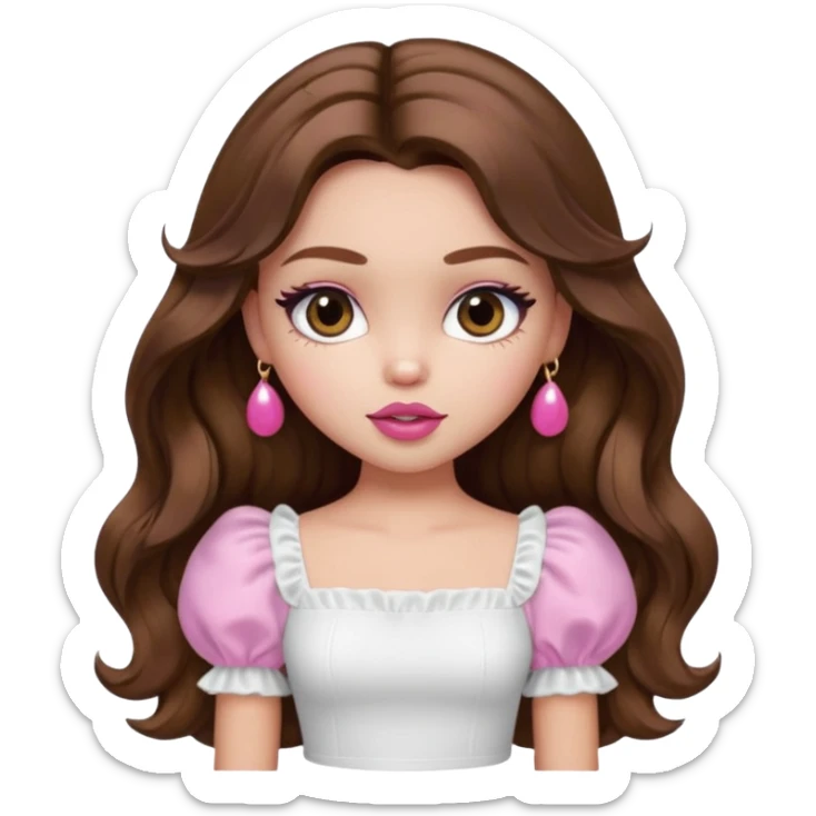 generate a pretty bratz girl with in a white puff sleeve top. Pink lipgloss. Brown wavy hair long.  sticker