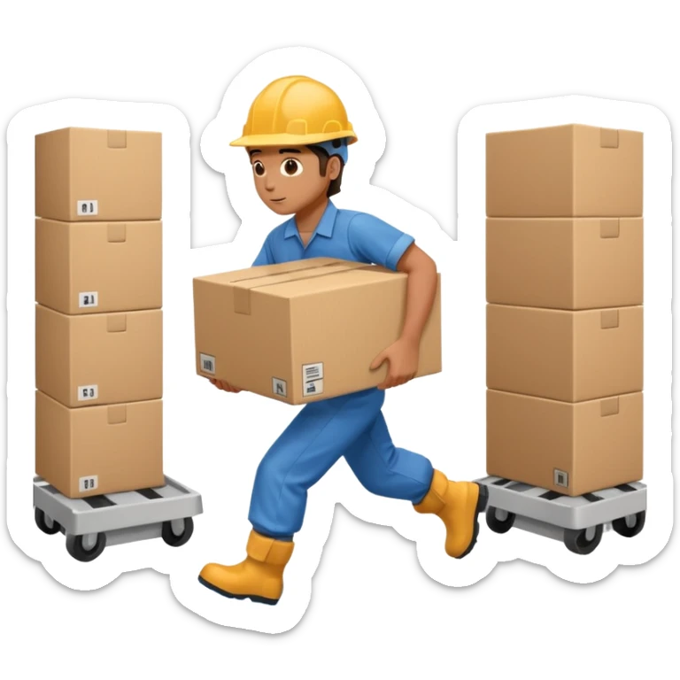 Animación educativa sobre un accidente laboral en un entorno industrial. Un trabajador de fábrica, con casco pero sin otros elementos de protección personal, resbala en un piso mojado y cae al suelo mientras transporta una caja. sticker