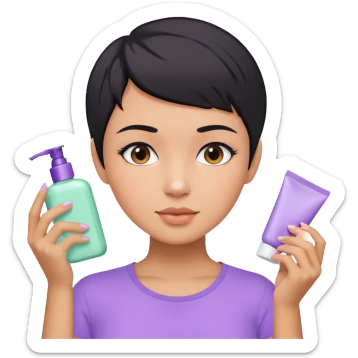 tan girl with pastel purple shirt with black hair & a pixie, doing her skin care sticker