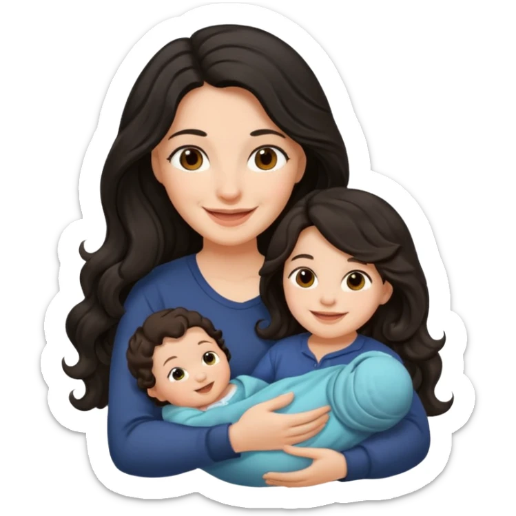 Mother long black wavy  hair  holding 1 infant brown hair fair skin sticker