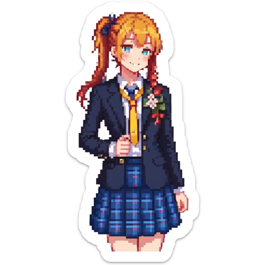 cheerful high school girl with orange side ponytail and yellow ribbon, blue eyes, navy blazer, red ribbon, blue plaid skirt, standing in a school courtyard with cherry blossoms, spring breeze, energetic smile sticker
