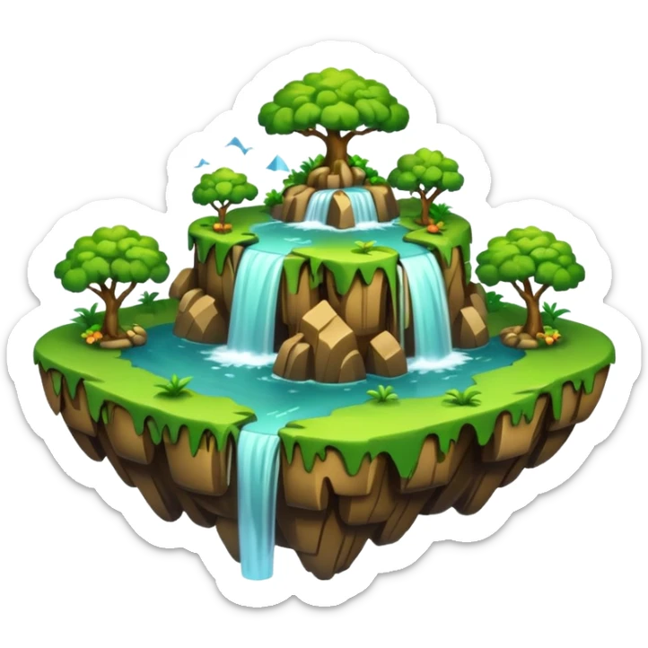 a 2d smooth not too dertailed cartoon floating island emoji with waterffalls of the sides sticker