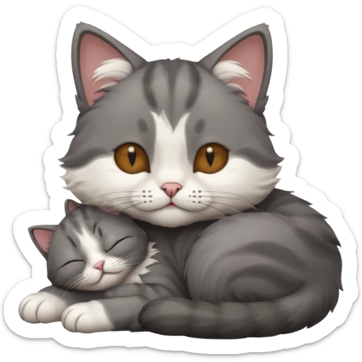 dark grey and white small cat with his eyes closed leaning his head on his paw while lying down sticker