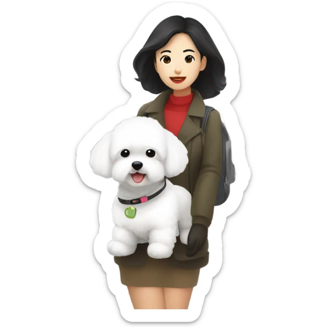 A cute korean style bichon frise with a dark-haired Asian woman at the airport  sticker
