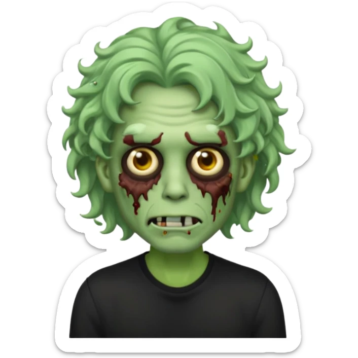 Emoji masculino de zumbi estilo iPhone,com cabelo ondulado grande, camisa preta e brincos sticker