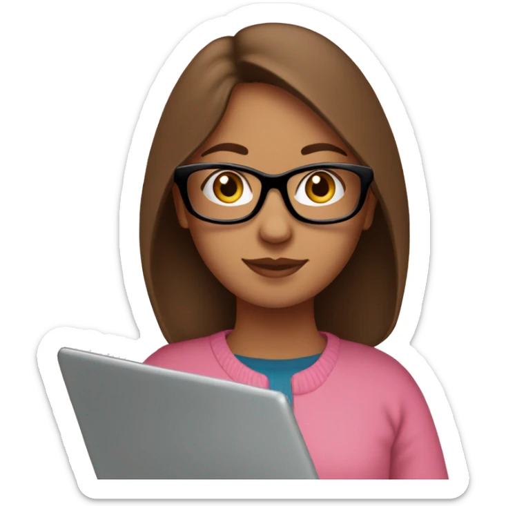 Girl with straight brown hair and black glasses frame and in pink sweater working behind laptop sticker