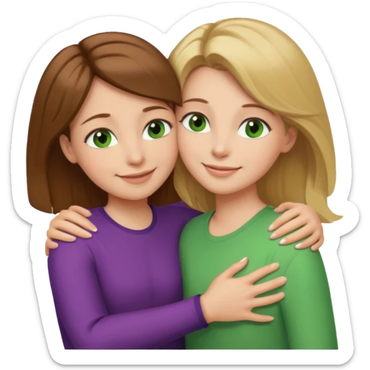 Maman cheveux marrons yeux marrons peau blanche et fille cheveux blond yeux verts peau blanche qui se font un câlin  sticker