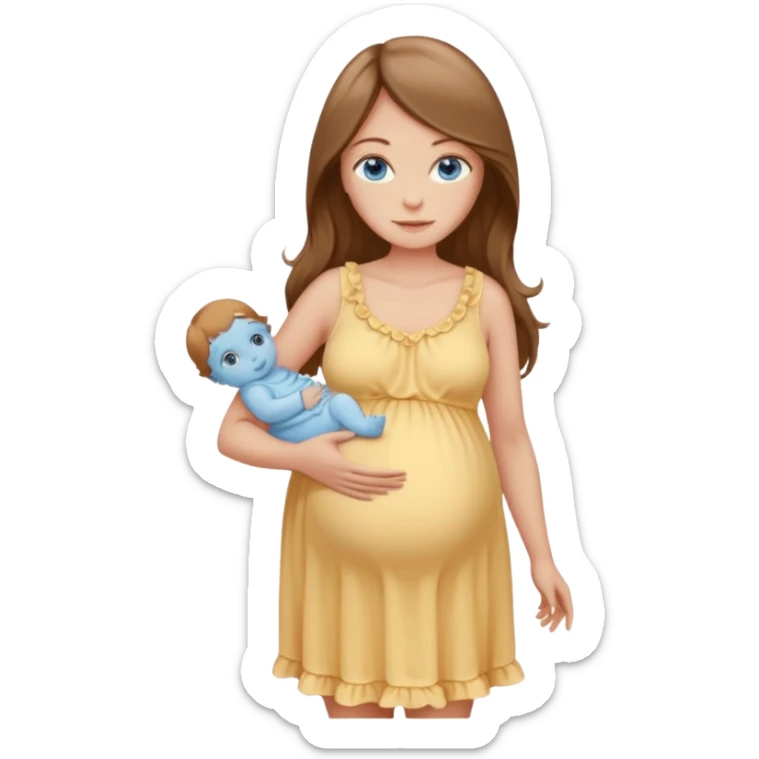 Beautiful Woman with Blue eyes, and long flowing almond brown hair and a light peachy tan skin tone, standing in a relaxed pose touching her visible baby bump in a frilly buttercream yellow colored babydoll sundress  sticker