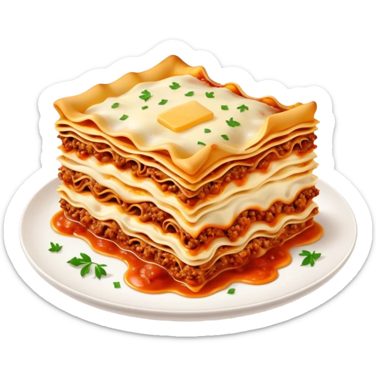 Lasagne alla Bolognese Cinematic Realistic Lasagne alla Bolognese Dish Emoji, depicted as a messy, layered pasta dish overflowing with melted cheese and rich meat sauce, rendered with hearty textures and warm, indulgent lighting. sticker