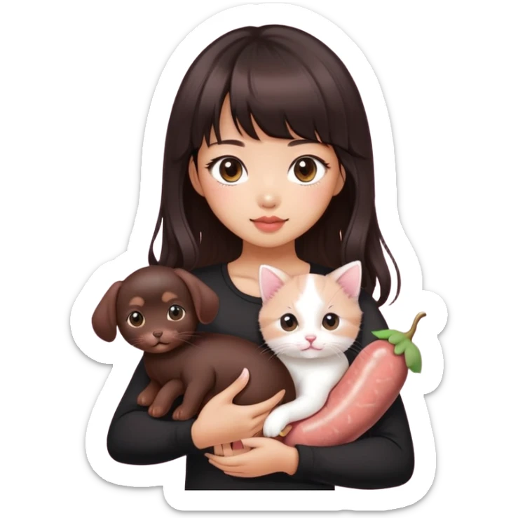 Asain girl with pink blush, wearing a black skinny top, long dark brown curled hair with straight bangs. Carrying a white kitten and a brown sausage puppy.  sticker