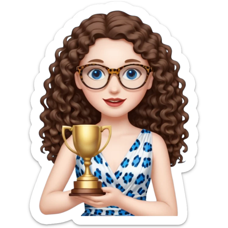 A girl with white pale skin, full lips, brunette LONG curly hair. She is wearing a white  silk dress. She is holding an award and happy. She has a leopard print round-ish shaped glasses. She has blue eyes. sticker