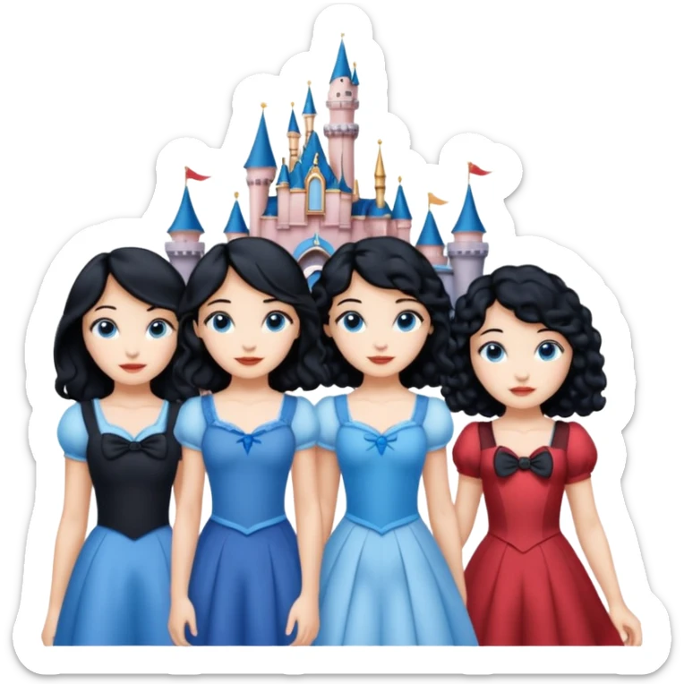 escribe el nombre Disneyland Paris y para titulo, pon a quatro chicas: una pelo corto negro, una pelo rizado largo, una pelo largo liso y la otra pelo ondulado mediano, esta con el ojos azules. Todas tienen piel carne y pon las chicas por los sitios después del nombre sticker