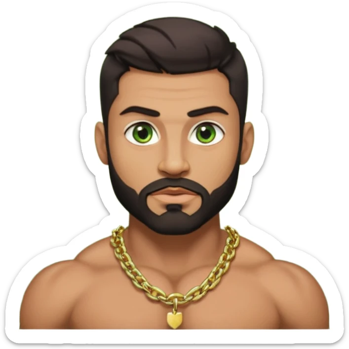 green eyes, dark short hair, muscular shoulders, wide cross, gold chain, big lips big nose big eyes, masculine good looking, dark beard sticker