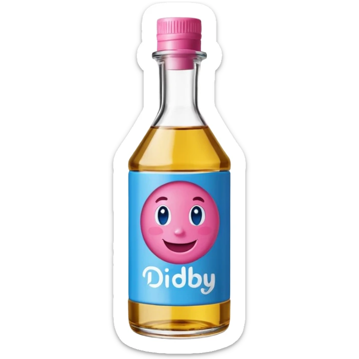 Smiling bottle of oil blue top pink outside with logo that says Diddy oil sticker