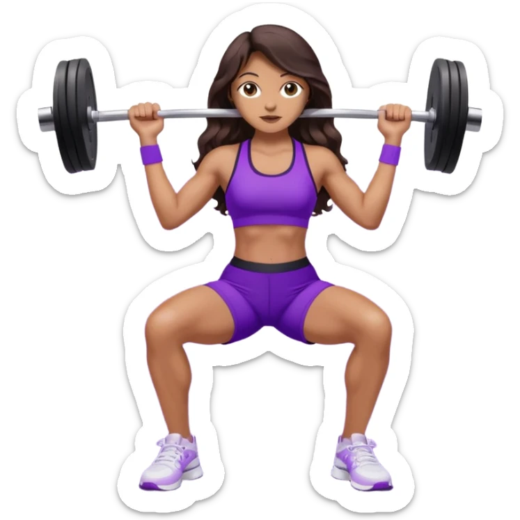 mujer de tez trigueña, con cabello castaño oscuro ondulado no muy marcado, hasta la cadera super largo estilizado, con ropa deportiva morada/lila, tenis blancos deportivos y levantando una pesa sticker