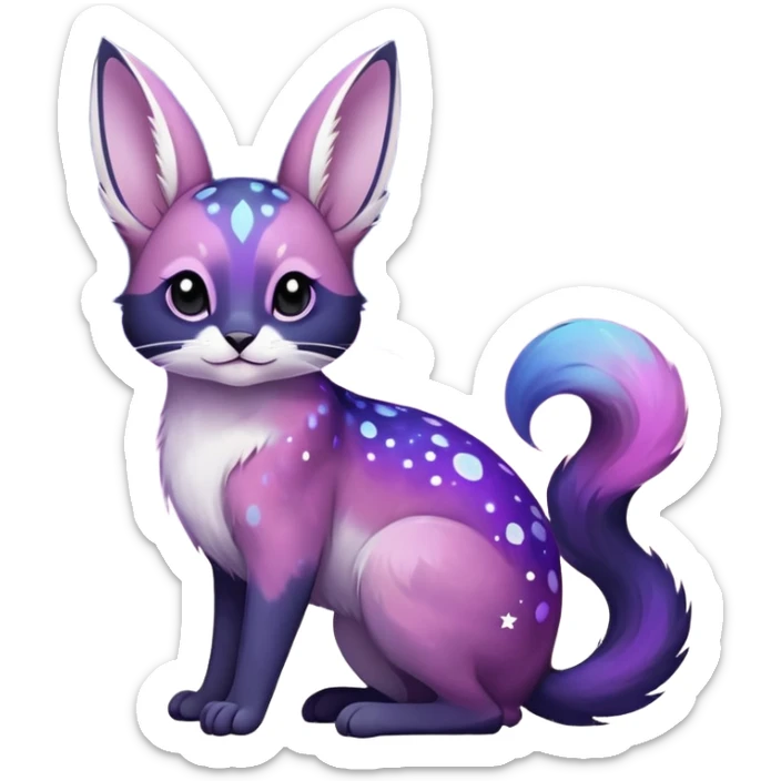 Colorful black-violet-indigo-purple-pink-gradients nebulae nebula white stars-sparkles-markings galactical shiny white-stars-spotted glorious iridescent divine exotic cute cool beautiful realistic Meloetta-caracal-civet-sergal-bunny-oncilla-animal-Fakémon-hybrid-fursona (full body) sticker